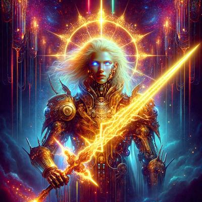 The primary subject of the image is a woman with blonde hair, wearing a futuristic outfit and holding a sword. She appears to be a warrior or a character from a fantasy story. The setting is a futuristic environment, possibly a space station or a futuristic city. The visual style is digital art, as the woman is depicted in a detailed and intricate manner. The colors and mood of the image are predominantly blue and purple, giving it a futuristic and otherworldly atmosphere.